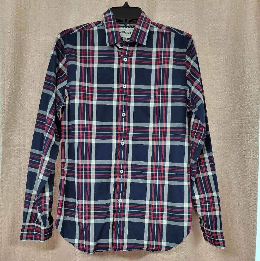 Express, Boys Button Down Shirt, Red, Blue, & White Plaid, Size:S/P 14-14 1/2